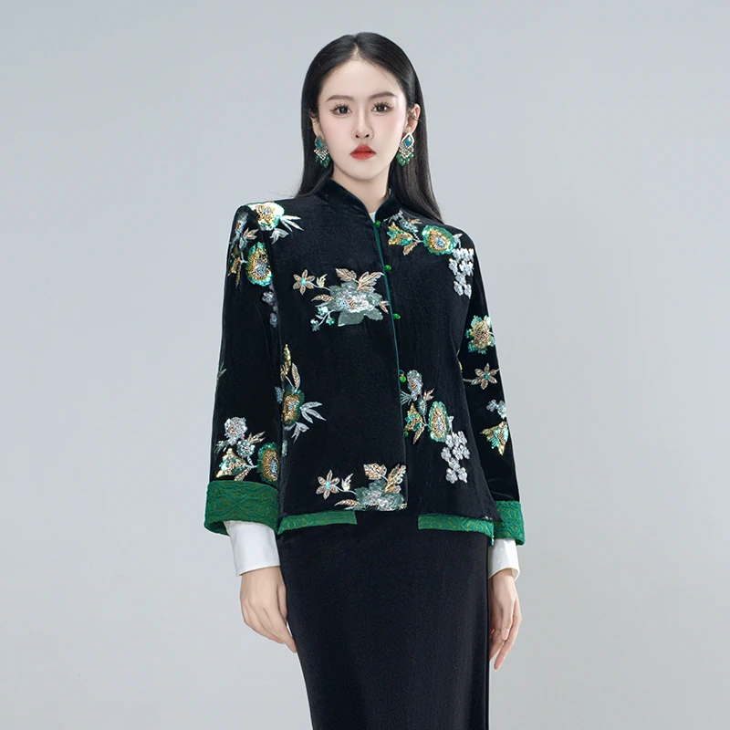 青娘子100桑蚕丝（晚青）重工珠片刺绣真丝丝绒新中式国风外套61527