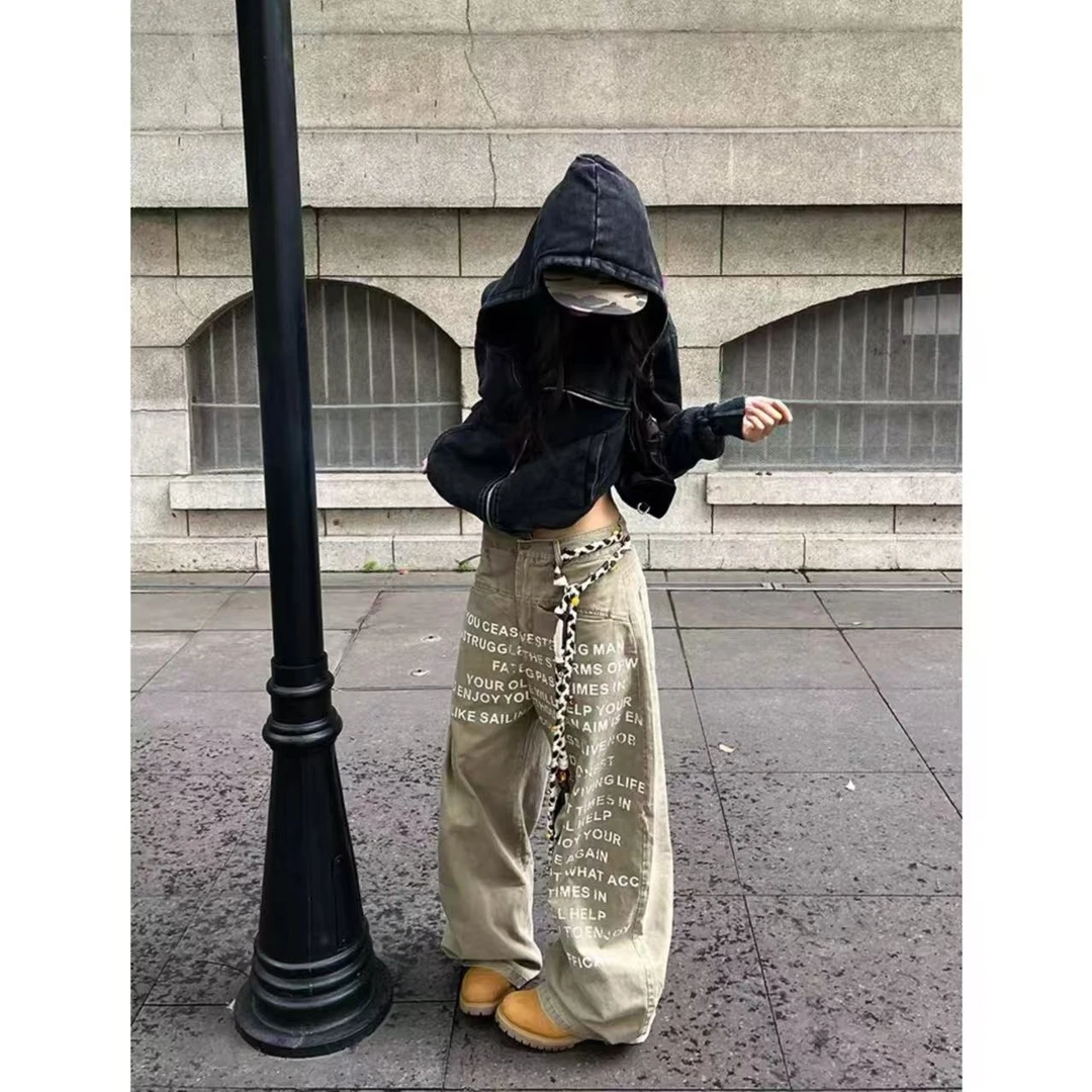 美式复古字母印花弯刀工装裤男女秋季新款设计感宽松阔腿牛仔裤子