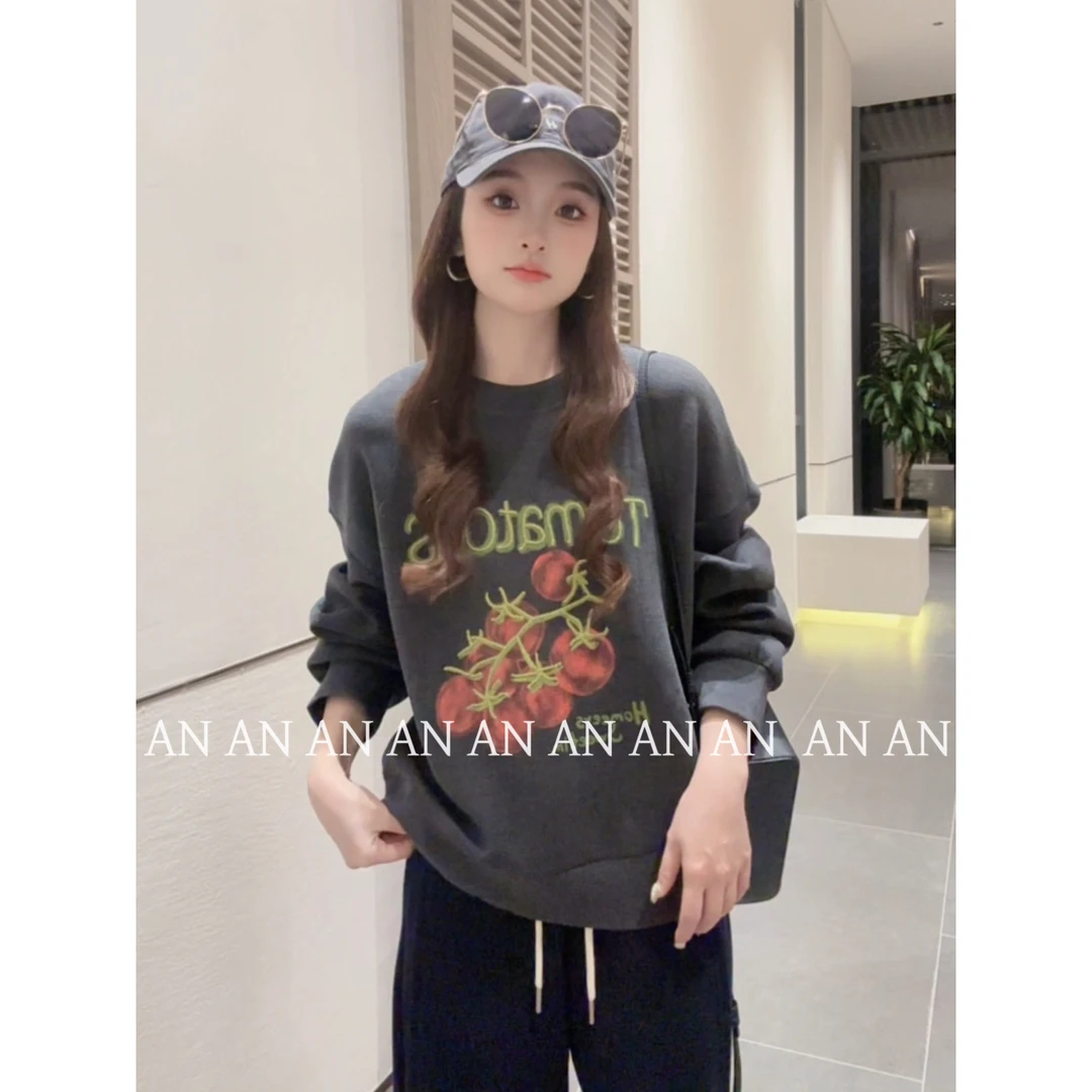C09335秋季宽松减龄休闲风超好看圆领番茄字母刺绣卫衣