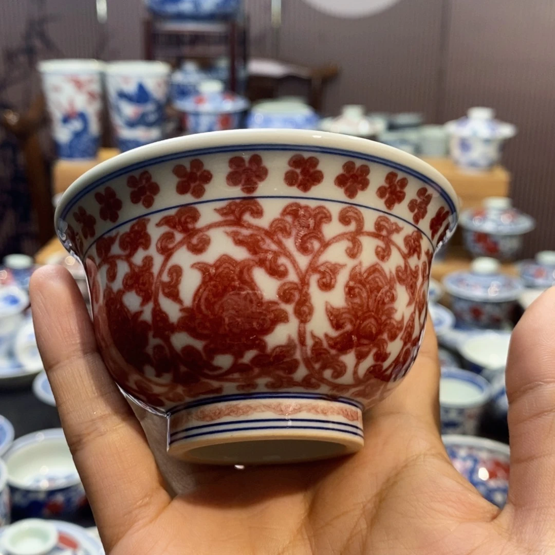 缠枝莲釉里红压手杯原矿手绘原狂