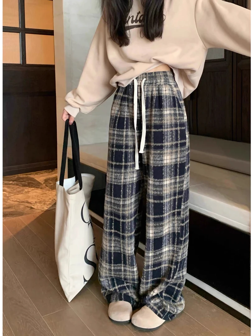 V649复古加绒格子休闲裤女冬季新款抽绳高腰直筒裤宽松阔腿拖地裤