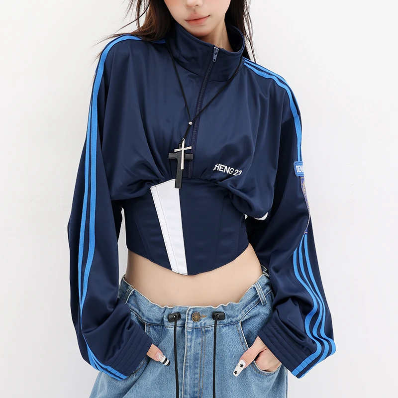 QIUQIU STUDIO美式撞色拼接立领短外套女设计感收腰绑带防晒上衣