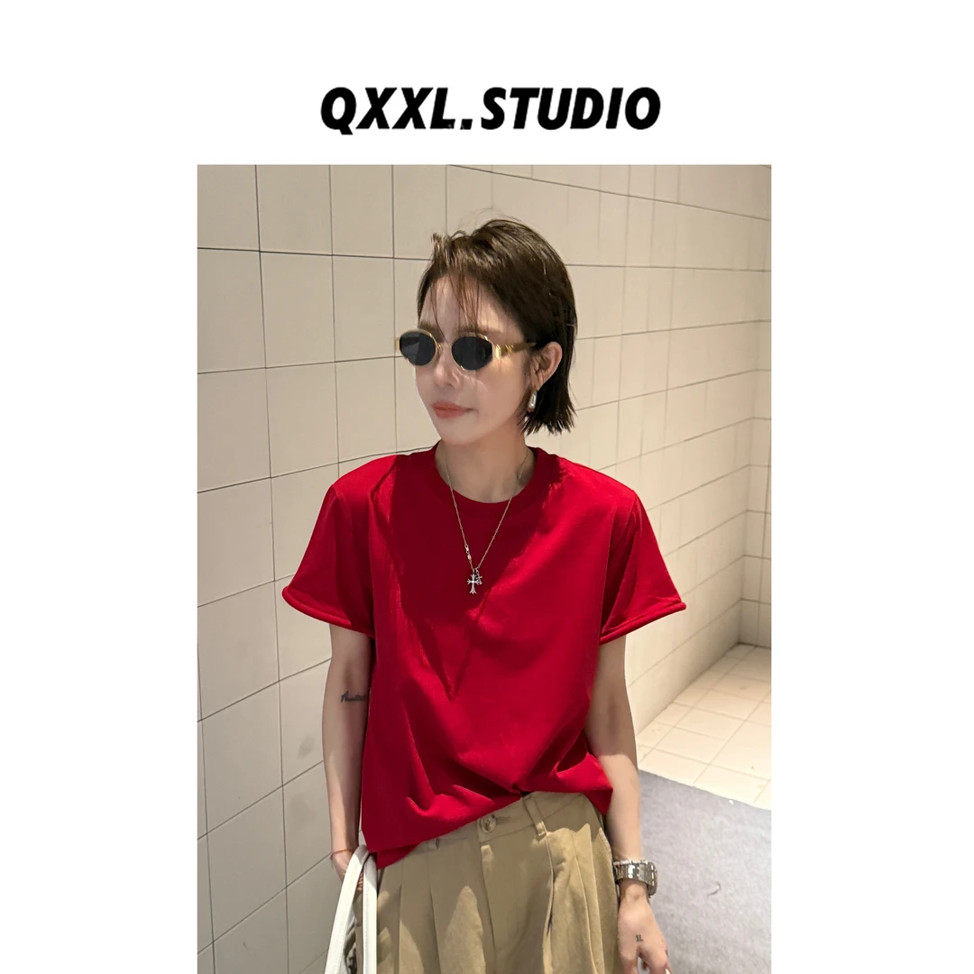 邱小小丽呀 夏新款圆领百搭T恤女显瘦修身短袖纯色打底衫上衣潮