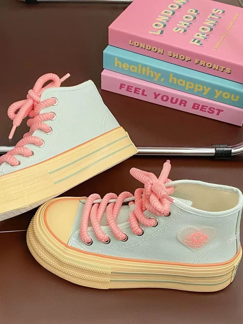 W-8637 绿 多巴胺厚底高帮帆布鞋女2025夏季新款休闲百搭复古板鞋