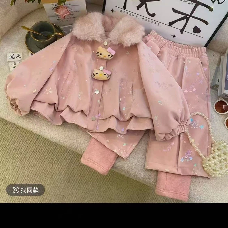 女童pu软皮面小香加绒套装2025新款冬装撒银加厚外套假两件阔腿裤