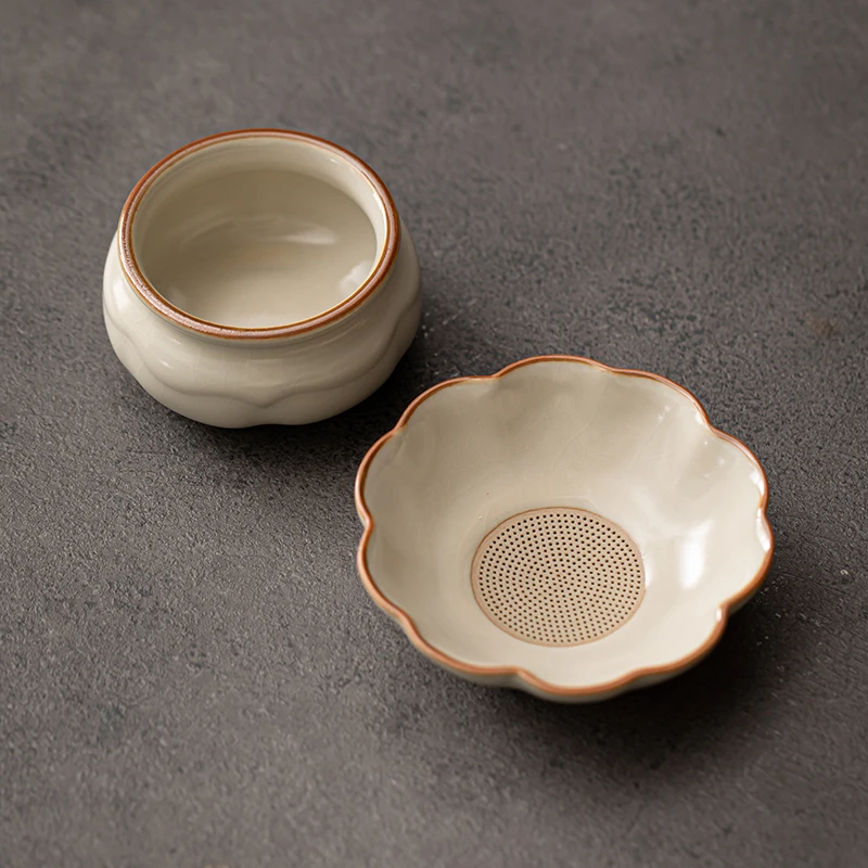 新款汝窑米黄茶漏茶滤一体超细过滤网茶叶滤茶器架托功夫茶具配件