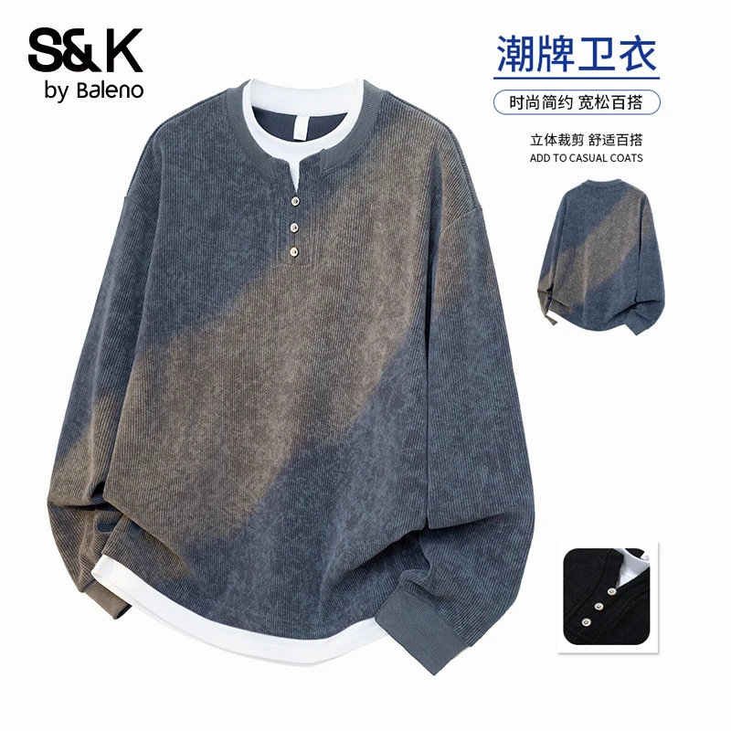 班尼路复古长袖卫衣男生秋冬季宽松假两件休闲上衣圆领T恤衫男装