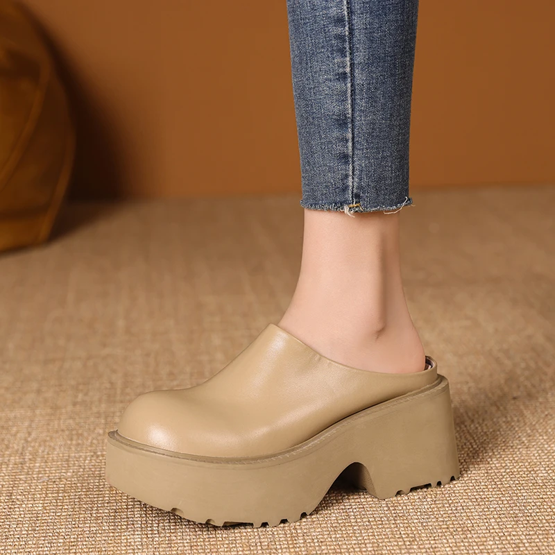 玥小姐手工女鞋7cm粗跟真皮包头凉拖鞋夏季外穿防水台高跟穆勒鞋