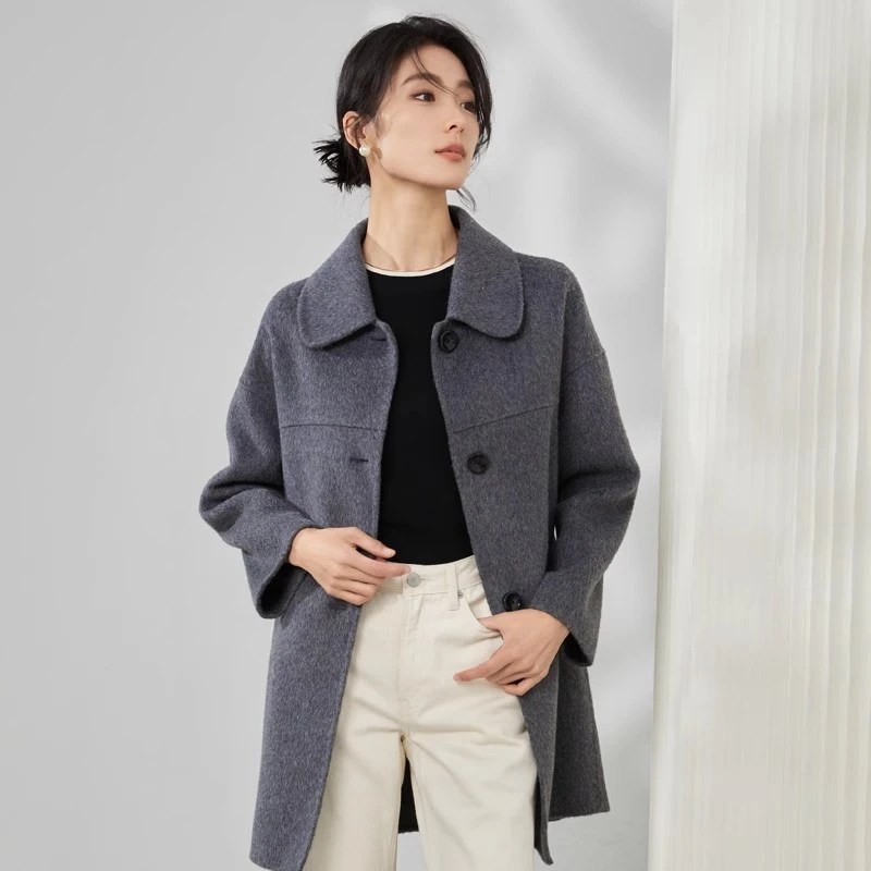 【曼贝】双面100绵羊毛大衣女2024冬新款韩版气质毛呢外套8384035