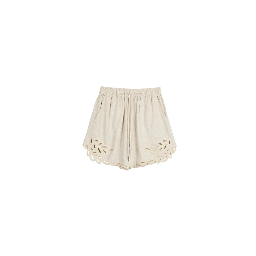 亚麻短裤 设计感纯色松弛重工镂空刺绣度假风短裤