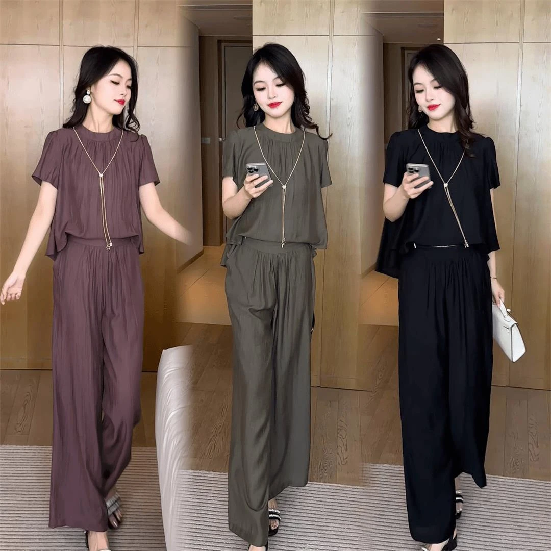 时尚套装女2025夏季新款显瘦高级感洋气减龄上衣阔腿裤气质两件套