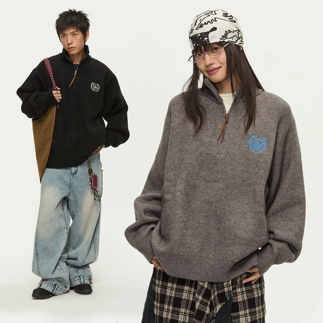 江南先生NewJNXS美式复古学院风刺绣套头针织衫秋季立领宽松毛衣