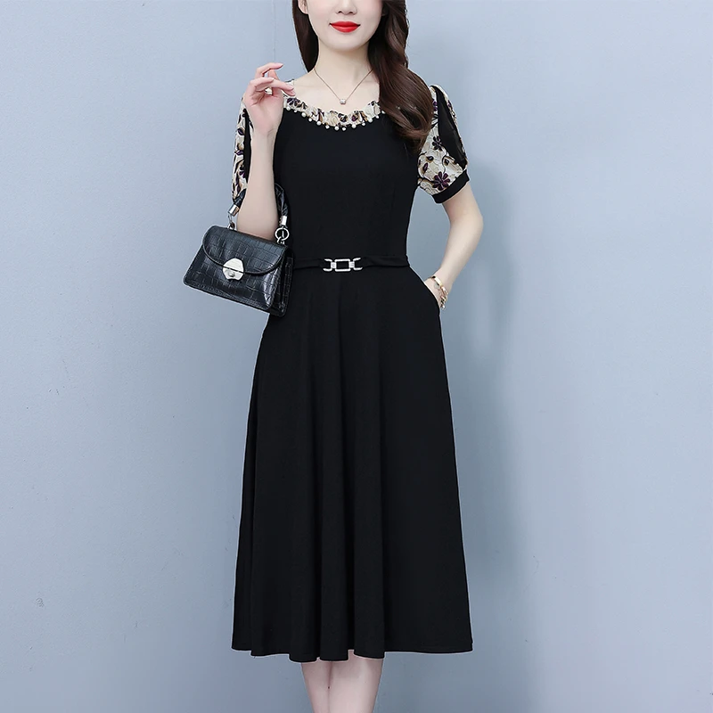 设计感小众方领拼接印花假两件连衣裙女2025夏季气质时尚显瘦裙子