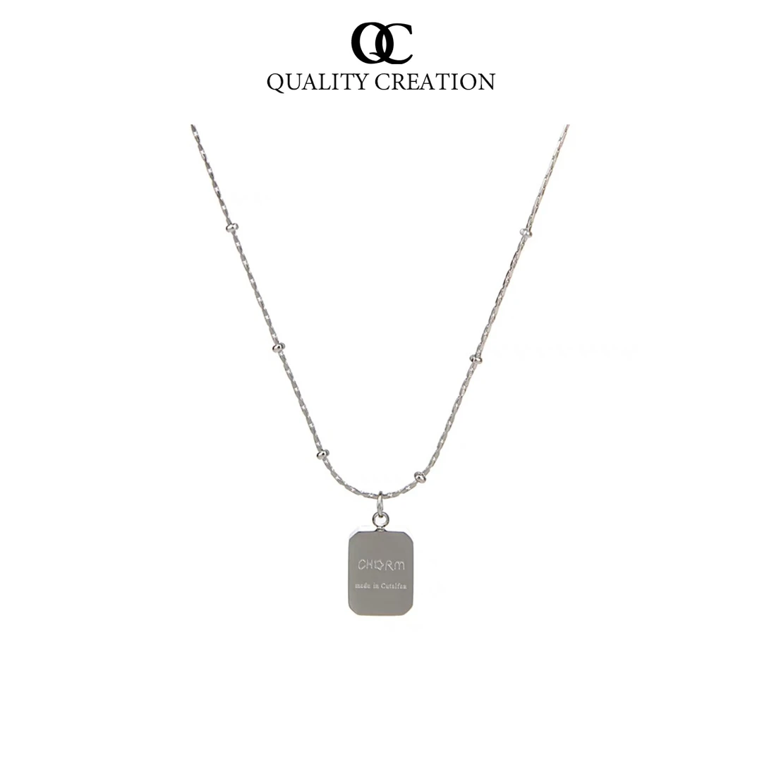 合金项链 QC·设计款简约银色方牌字母项链女毛衣链日常百搭小众