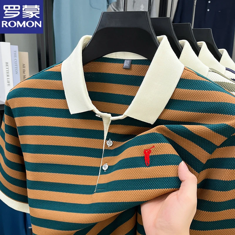 罗蒙条纹百搭男士撞色短袖T恤衫夏季薄款透气凉感中年短袖男t恤