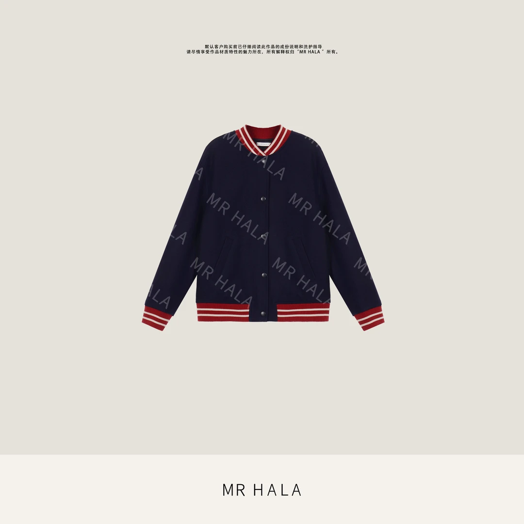 MRHALA 品洲嵌色细织羊桑蚕丝拉链棒球夹克外套女 LW53078