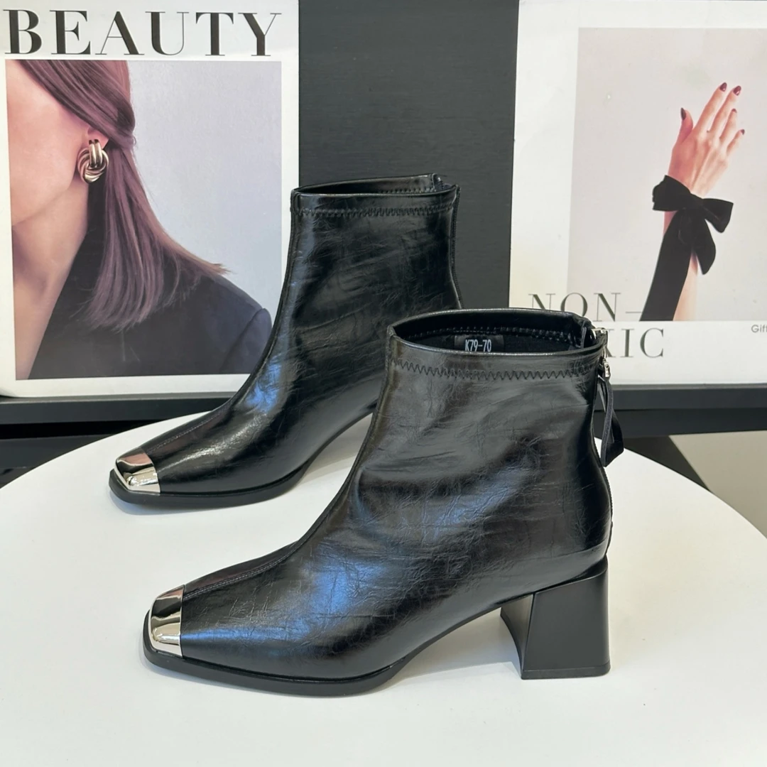 仙女风配裙子时装短靴女2025新款秋季法式方头粗跟气质高跟瘦瘦靴