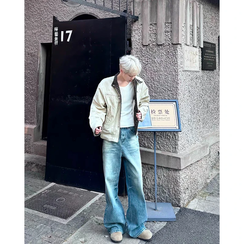 杏色哈灵顿飞行夹克男春秋vintage美式重磅水洗帆布立领工装外套