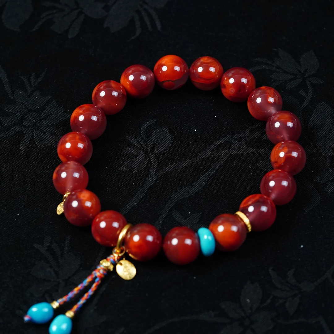 【凤鸣珠宝】天然南红原矿18K金镶嵌典藏级牛血红火焰纹手串 S-220