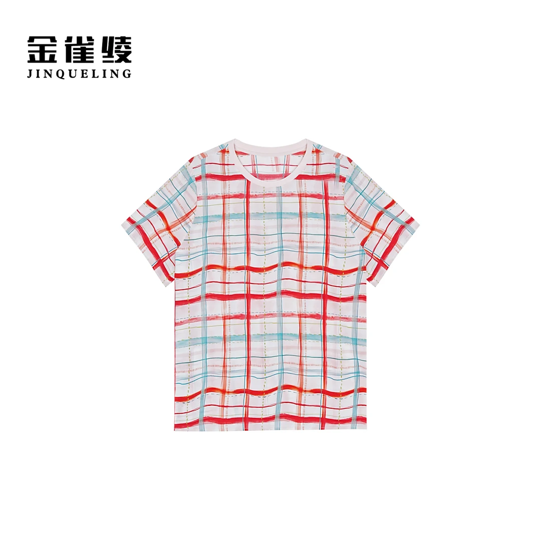 金雀绫【波浪格】桑蚕丝圆领格子印花加宽加大女装小衫SZA1S142