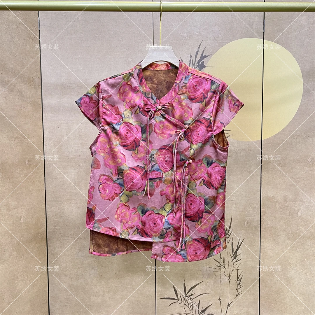 【飘带款短袖】时尚新中式复古正肩袖宽松减龄民族风碎花国风上衣女