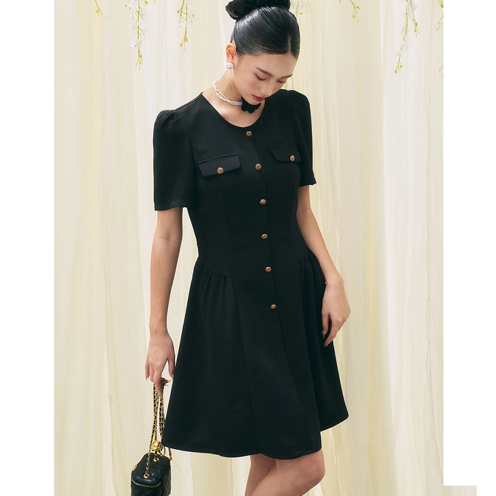 2025夏季法式复古名媛风连衣裙小香风黑色显瘦小众设计感连衣裙