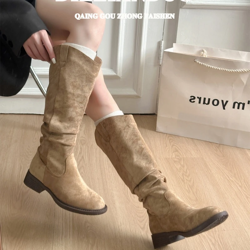堆堆长靴女款2025新款棕色美拉德西部牛仔长筒靴子女靴高筒骑士靴