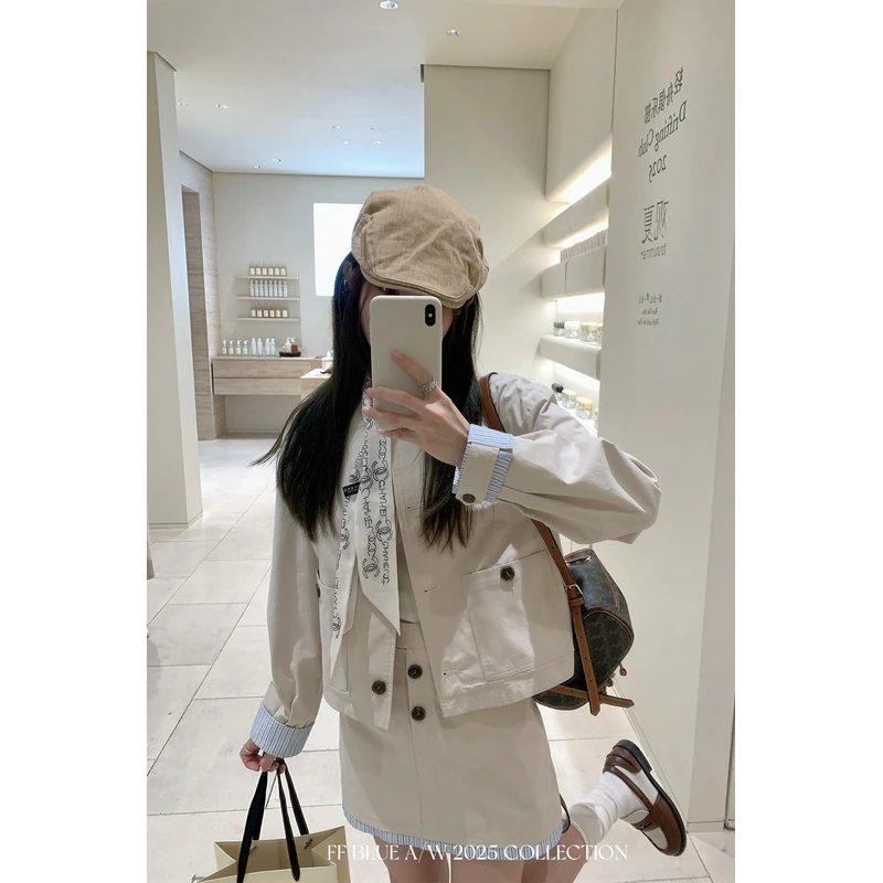 FF BLUE 晨雾少女 100棉条纹拼接卡其短款外套半裙秋日清爽套装女