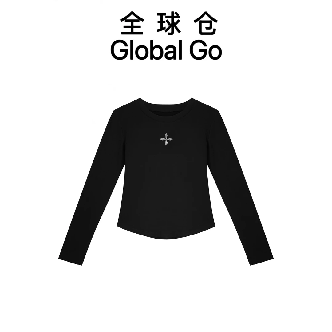 【全球仓Global Go】2025秋季新款烫钻百搭圆领简约长袖上衣-GT138
