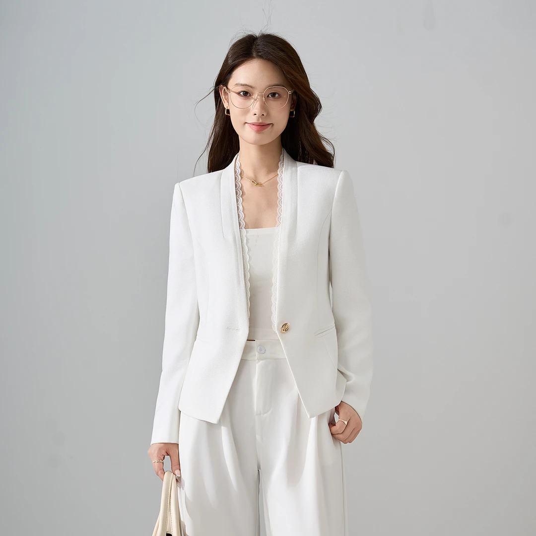 秋冬通勤长袖修身型简约白色通勤西装轻职风小西服常规款短款气质