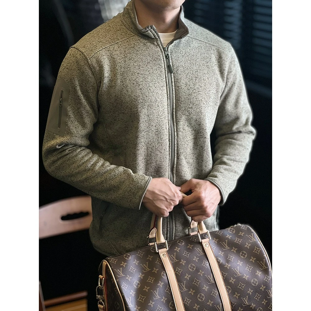 灰绿色抓绒衣外套男春秋款cleanfit拉链立领夹克美式复古开衫卫衣