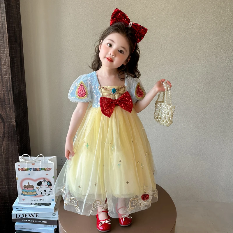 女童白雪公主连衣裙短袖儿童网纱公主蓬蓬裙女孩宝宝夏装2025新款