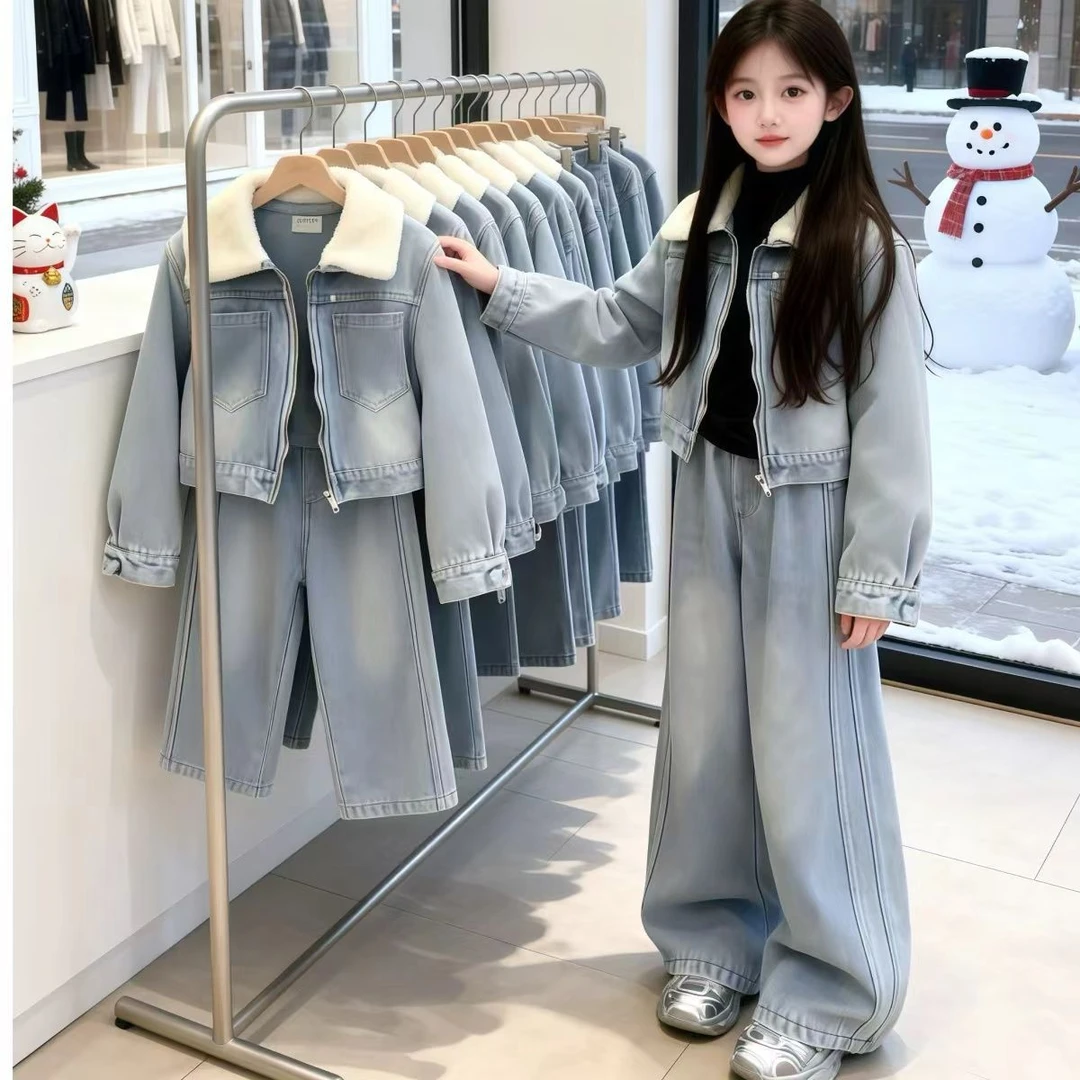 女童2025新款韩版秋冬季牛仔加绒套装中大童冬装韩版洋气新品潮酷