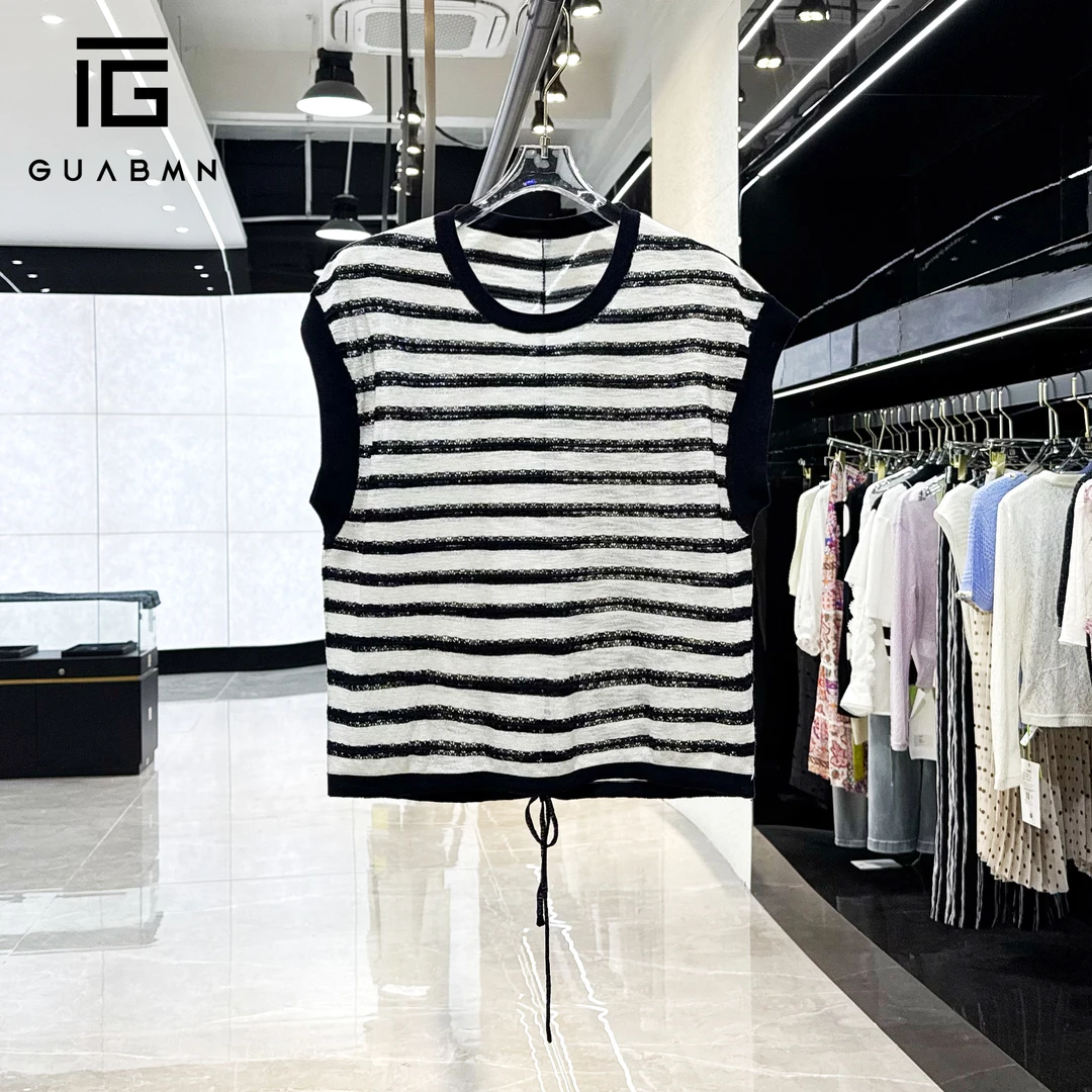 GUABMN2025夏季新品条纹圆领镂空无袖针织无袖t恤夏日穿搭5390