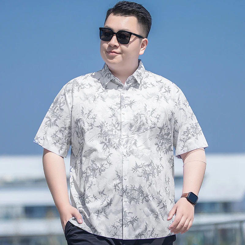 树叶提花短袖衬衣男士加大码夏装薄款肥佬时尚休闲潮流半袖花衬衫