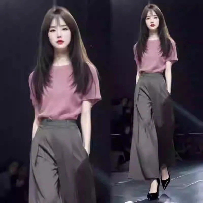 时尚套装女2025夏季新款洋气显瘦圆领短袖高腰阔腿裤气质两件套潮