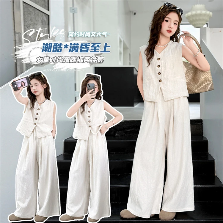 女童老钱风休闲气质西装马甲套装2025新款儿童洋气亚麻夏装两件套