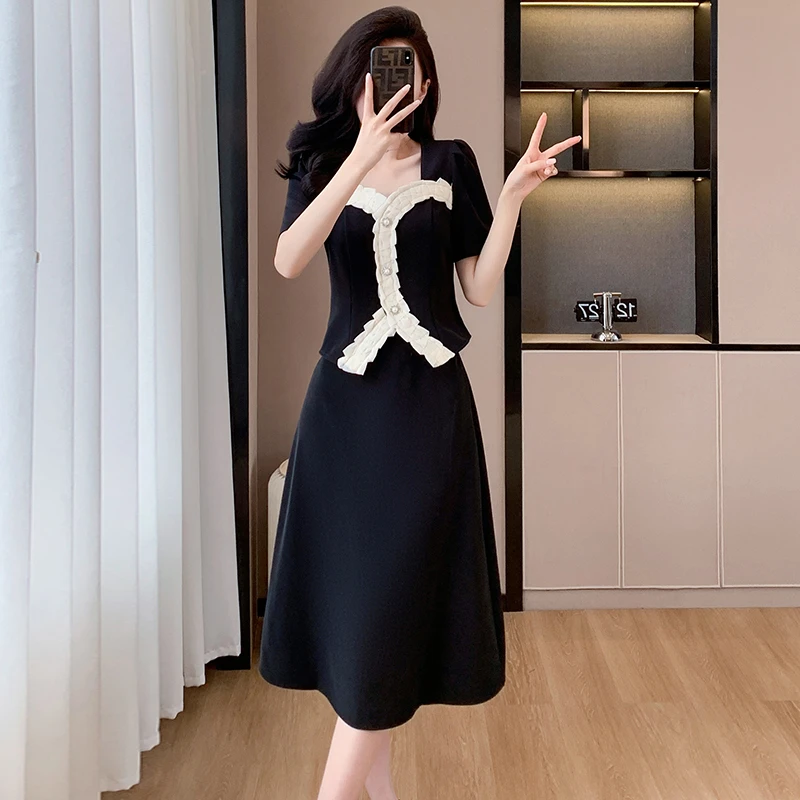 夏季新款拼接不规则上衣气质显瘦半身裙连衣裙两件套装小个子法式