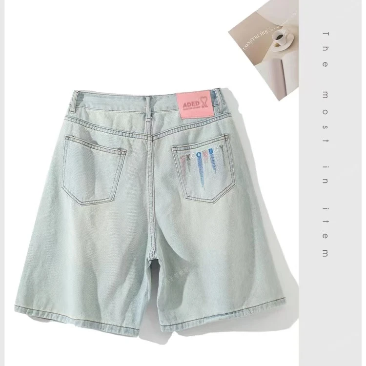 682刺绣字母五分牛仔短裤女夏季薄款高腰显瘦遮胯百搭小个子中裤D