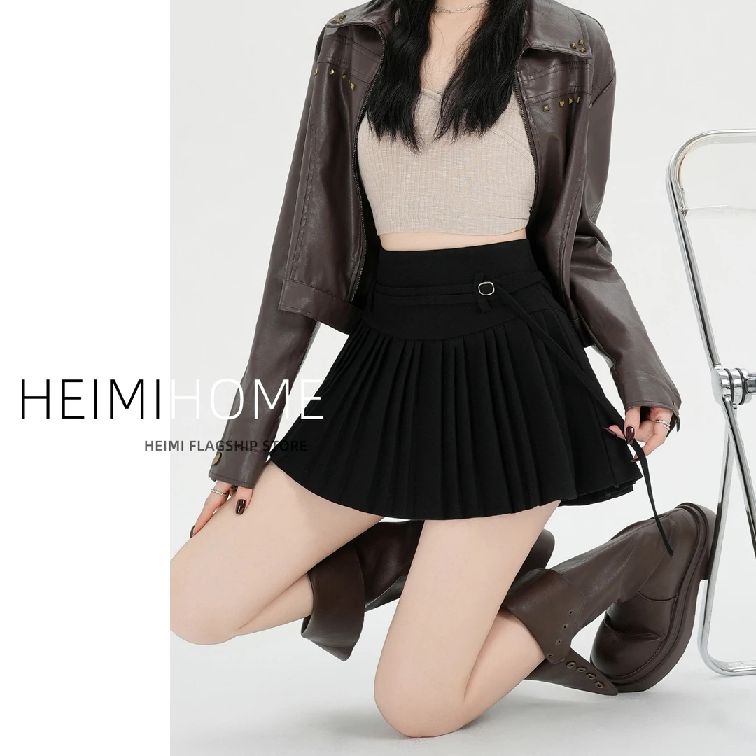 学院风黑色百褶半身裙女秋冬新款加厚毛呢裙小个子高腰a字短裙子