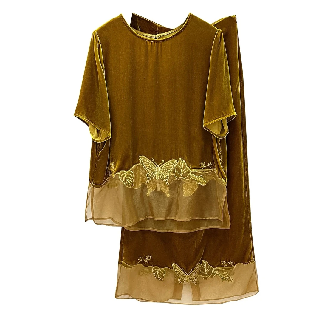 高端圆领绣花桑蚕丝短袖上衣搭配松紧高腰半身裙套装复古气质宽松