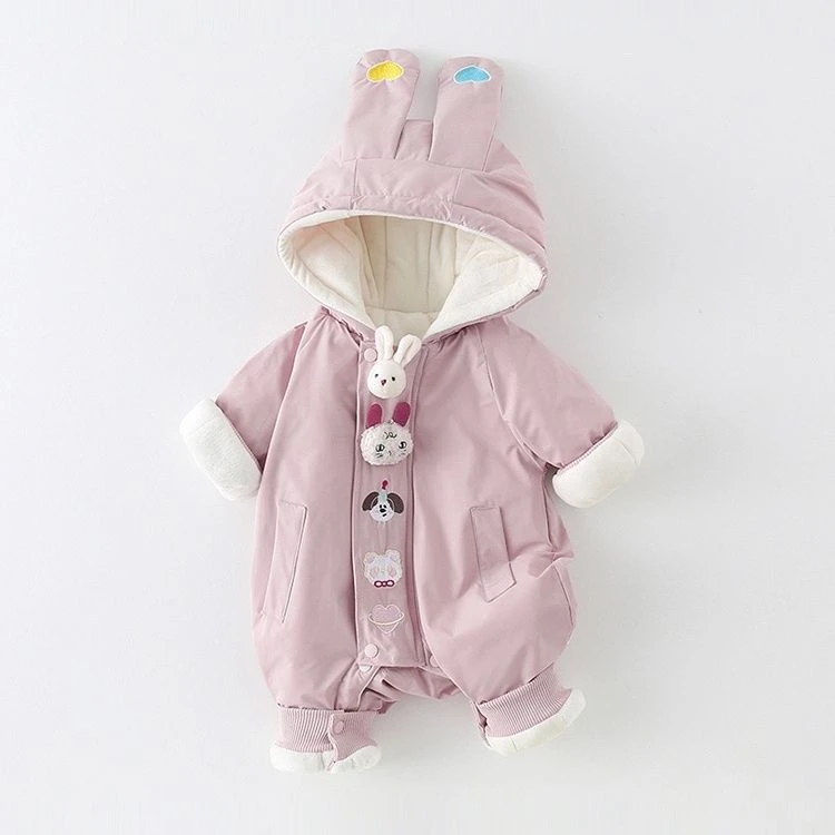 婴儿防风连体衣宝宝加绒加厚保暖卡通可爱冲锋衣冬季外穿带帽哈衣
