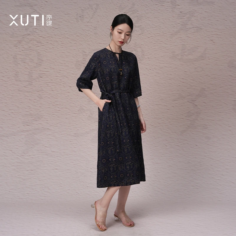 序缇『临江仙』夏季国风桑蚕丝连衣裙女设计感高腰裙子S06-10683