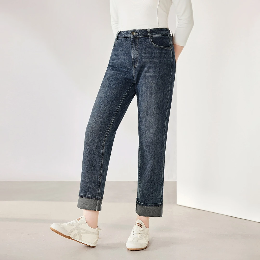 【科技升级#双芯纱】MsShe大码高性能回弹不掉色卷边牛仔裤M2508005