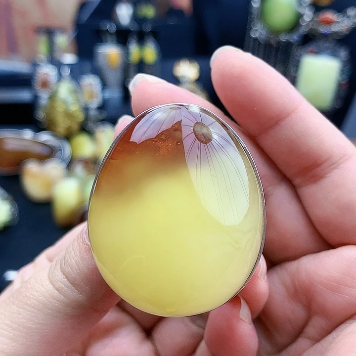 琥珀裸石银S925镶嵌戒指