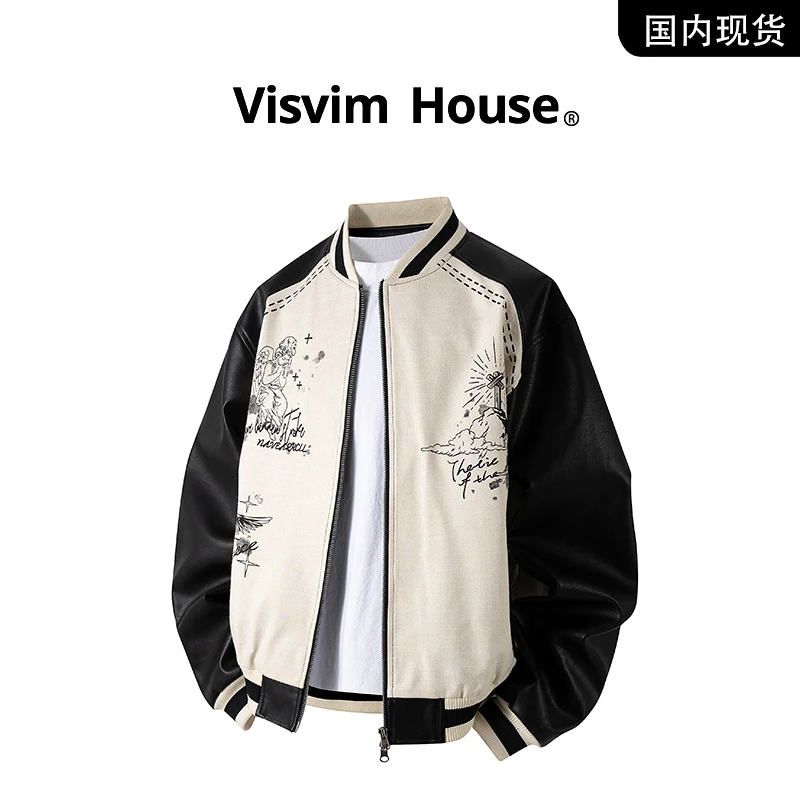【品牌现货撤柜】VISVIM WINGS春秋新款棒球领插皮印花男士夹克外套