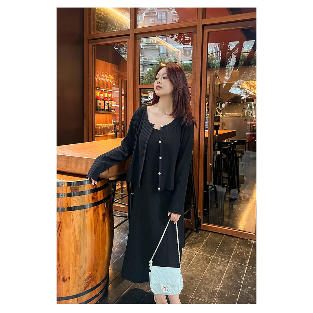 大码百分百针织开衫半身裙套装气质时尚显瘦修身条纹套装2123