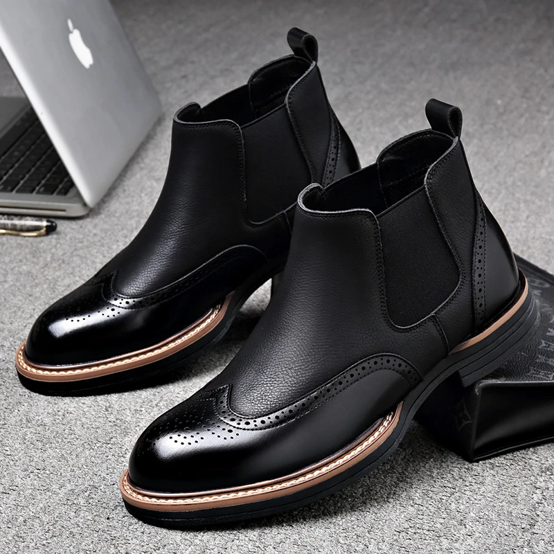 路易圣戈希男款切尔西马丁靴潮流时尚拼接布洛克尖头靴英伦风皮靴