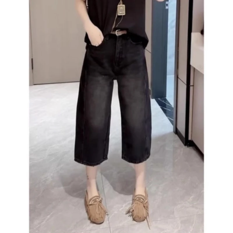 做旧宽松弯刀牛仔裤女装2025新款夏季高腰阔腿裤胖MM遮肉显瘦裤子