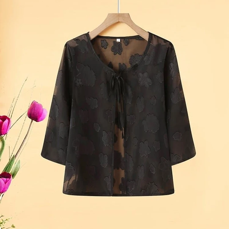 A-156夏季新款上衣五分宽松显瘦系带防晒披肩中老年妈妈装小衫